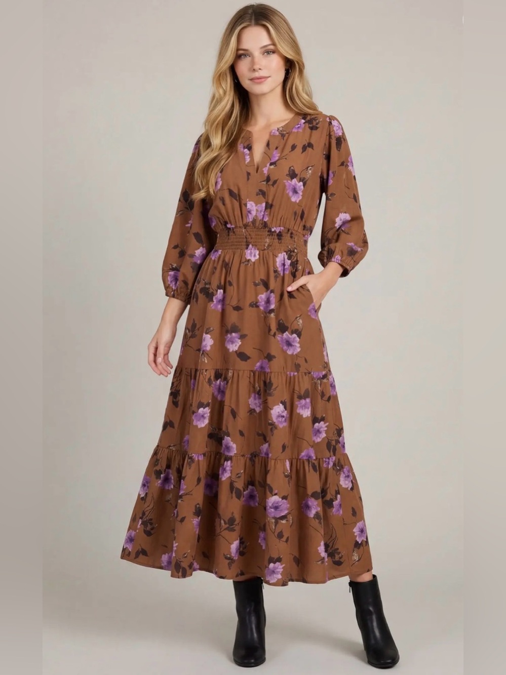 She + Sky Brown Maxi Dress with Lavender Floral Print